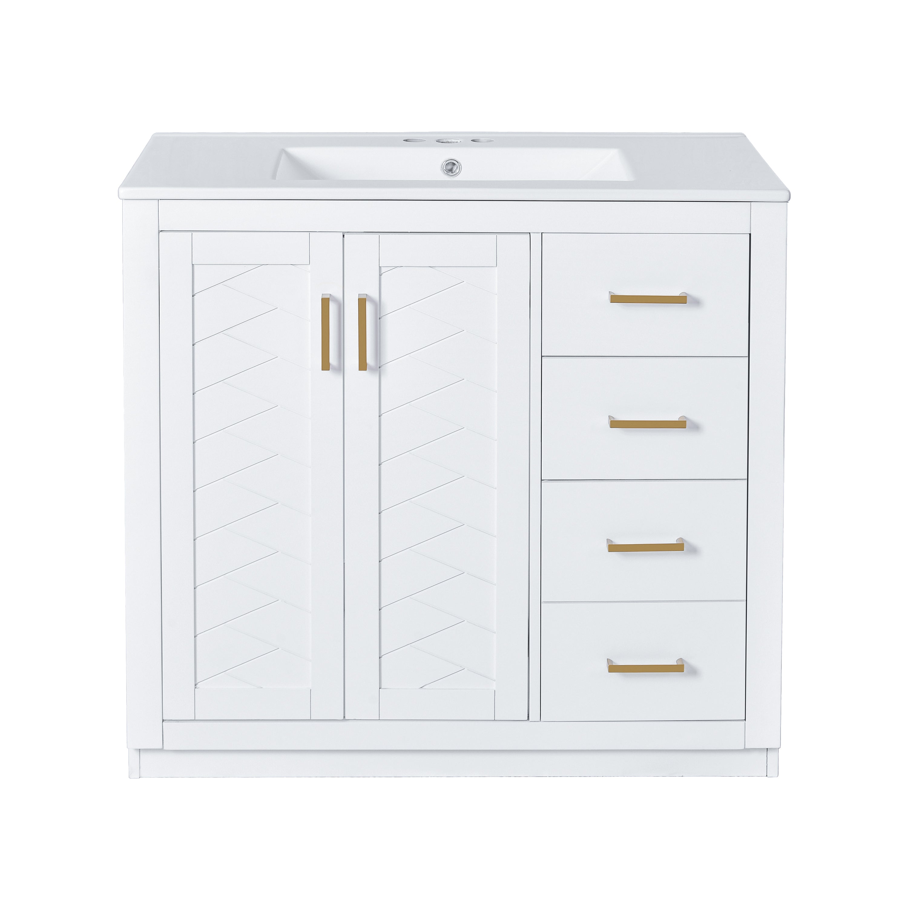 VanityFus 36-in White Bathroom Vanity Single Sink Combo with Ceramic Top Undermount 2 Soft Close Doors 3 Drawers
